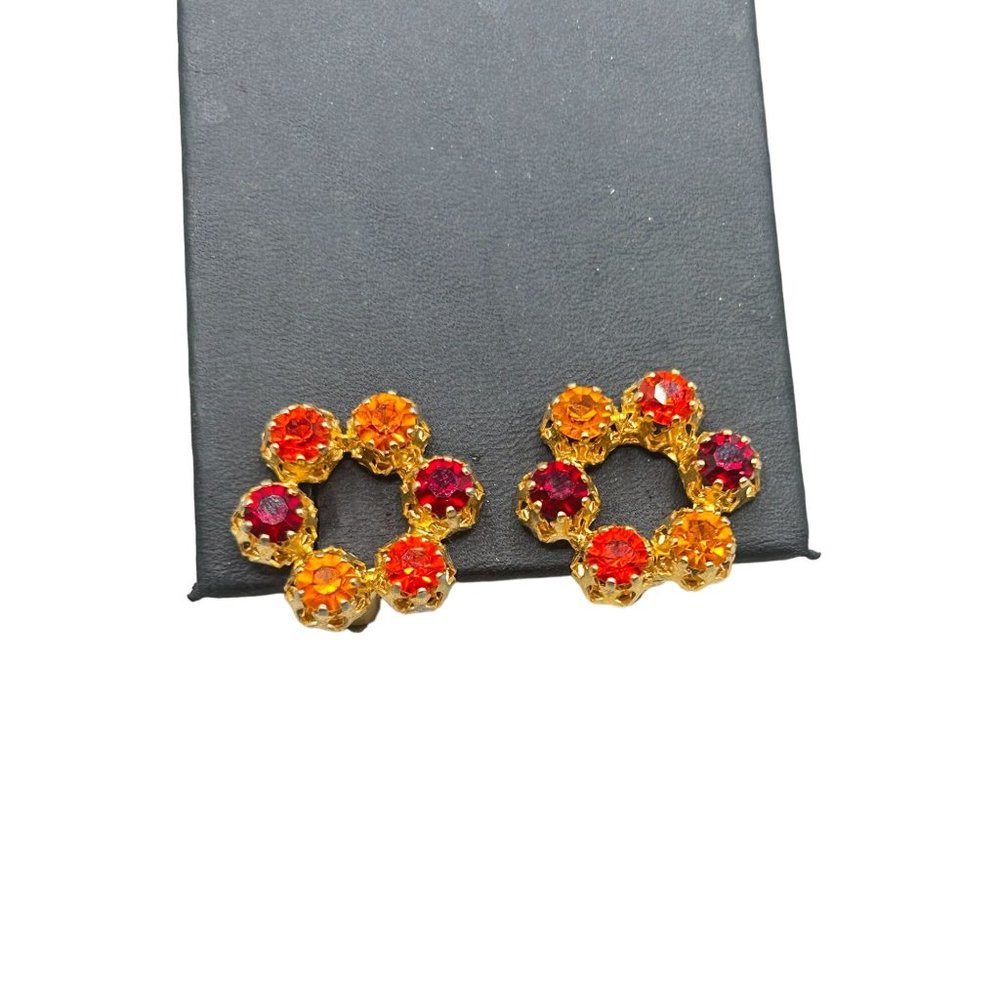 Vintage Signed Austria Clip On Earrings Red Orange Warm Tones Wreath Design